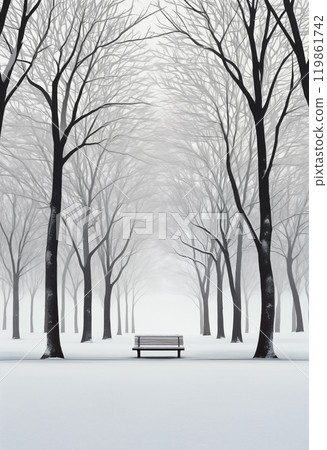 A tranquil winter park scene with bare trees lining a snow-covered path, inviting solitude and reflection under a serene gray sky A tranquil winter park scene with bare trees lining a snow-covered path, inviting solitude and reflection under a serene gray sky 119861742