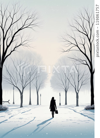 A solitary figure walks through a winter park lined with bare trees and soft snow, embracing the tranquility of the snowy season 119861757