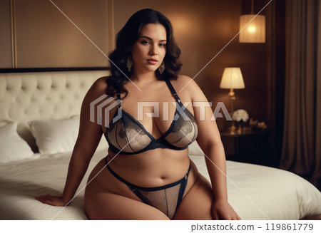 Plus size woman in elegant black lingerie sitting gracefully on a soft bed in a cozy, dimly lit bedroom with a serene atmosphere 119861779