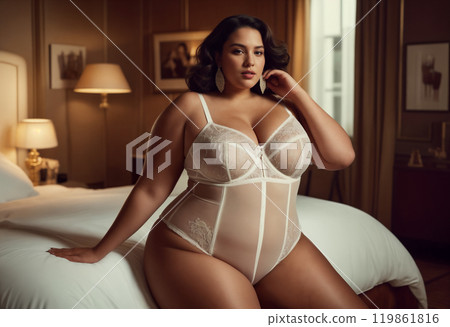 A confident woman poses elegantly in sheer lingerie while seated on a bed in a stylish hotel room during the afternoon, showcasing her beauty and grace 119861816
