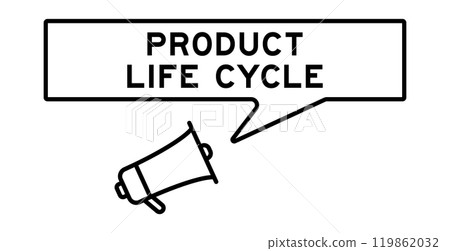 Megaphone icon with speech bubble in word product life cycle on white background Megaphone icon with speech bubble in word product life cycle on white background 119862032