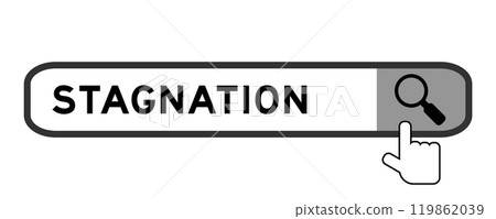 Search banner in word stagnation with hand over magnifier icon on white background Search banner in word stagnation with hand over magnifier icon on white background 119862039