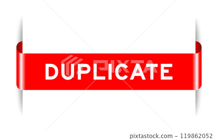 Red color inserted label banner with word duplicate on white background 119862052