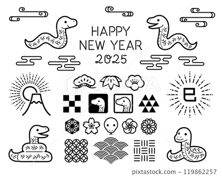 Set of Japanese-style line drawing decorations for the year of the snake Set of Japanese-style line drawing decorations for the year of the snake 119862257