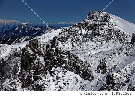 View of the winter peaks of the Yatsugatake mountain range, Yokodake main peak and Tateshina mountain from the triple-forked peak 119862568
