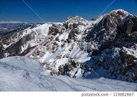嚴冬中的八嶽山脈、橫岳、碘岳、蓼科和北阿爾卑斯山 119862667
