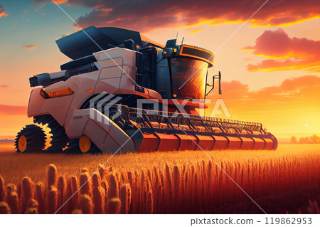 Combine harvester harvests ripe wheat. agriculture 119862953