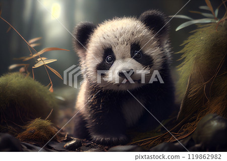 Funny Pose of Happy Little Panda, standing on the ground 119862982