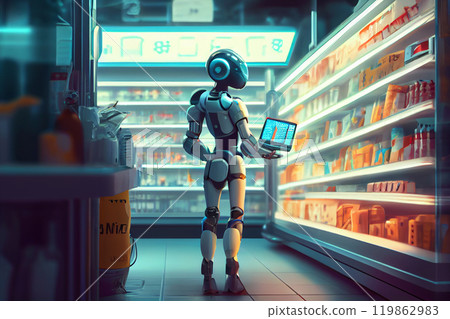 Humanoid robot makes purchases in the grocery store. Future concept with robotics and artificial intelligence. 119862983