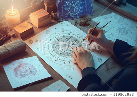 Astrology. Astrologer calculates a natal chart and makes a forecast of fate. Astrological forecast, mysticism, science. Astrological background. 119862988