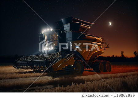 Combine harvester working at night 119862989