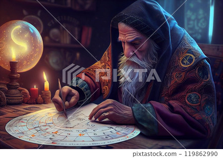 Astrology. Astrologer calculates a natal chart and makes a forecast of fate. Astrological forecast, mysticism, science. Astrological background. 119862990