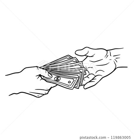 Hands giving money bills to another hand. 119863005