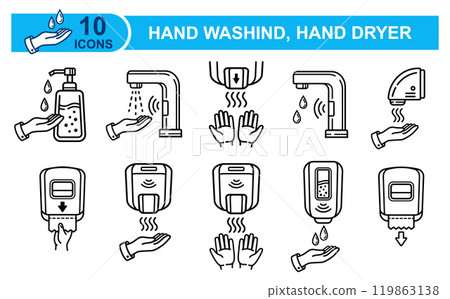 Public restroom hand dryer, wall toilet paper towel dispenser, skin washing liquid soap, sensor water tap line icon. Automatic clean sanitizer, sink faucet, electric blower drier, body hygiene vector 119863138