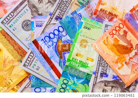 Kazakhstan tenge, American dollars are national currency banknotes of different denominations used in international business finance Kazakhstan tenge, American dollars are national currency banknotes of different denominations used in international business finance 119863481