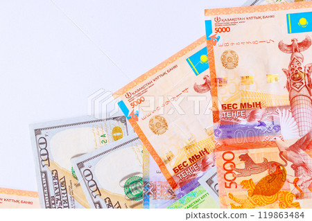 Kazakhstan tenge, American dollar are various denominations of national currency bank notes that are used in international business financial transactions Kazakhstan tenge, American dollar are various denominations of national currency bank notes that are used in international business financial transactions 119863484