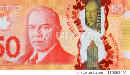 Fifty dollar polymer banknotes issued by Bank of Canada in denominations front view 119863491