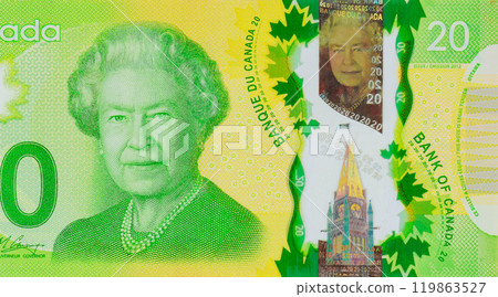 Printed polymer banknotes twenty dollars denominations issued by Bank of Canada front view Printed polymer banknotes twenty dollars denominations issued by Bank of Canada front view 119863527