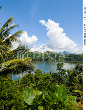 Greenish water in lake surrounded by plants. Lake Sebu. Mindanao, Philippines. Greenish water in lake surrounded by plants. Lake Sebu. Mindanao, Philippines. 119863835