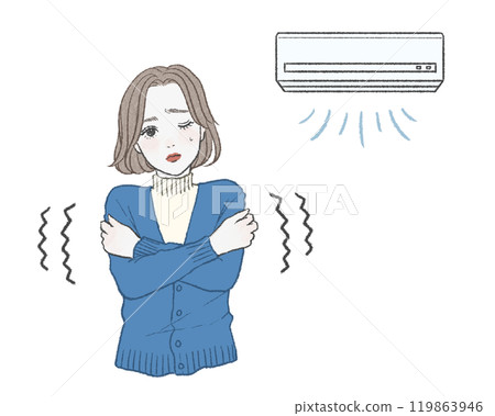A woman in a blue cardigan shrugging and shivering from the cold of the air conditioner A woman in a blue cardigan shrugging and shivering from the cold of the air conditioner 119863946