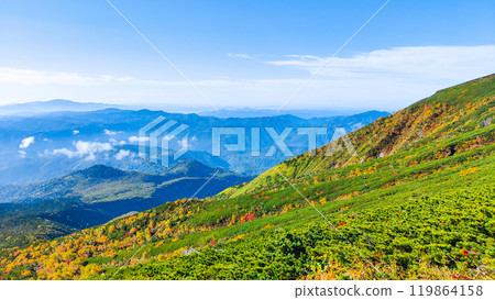 Climbing Mt. Ontake in autumn: View from the hiking trail (from the 8th station stone refuge hut to the summit of Otaki) Climbing Mt. Ontake in autumn: View from the hiking trail (from the 8th station stone refuge hut to the summit of Otaki) 119864158