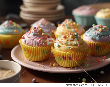 Festive Cupcake Frosting Top with Sprinkles. Generative AI 119864251