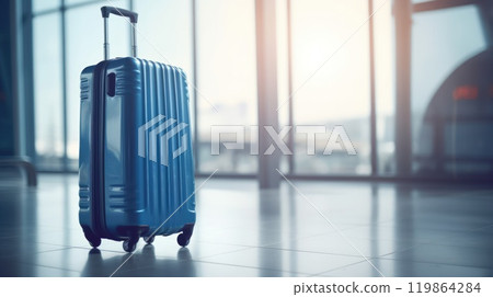 Travel suitcase with airport defocused background. Generative AI 119864284