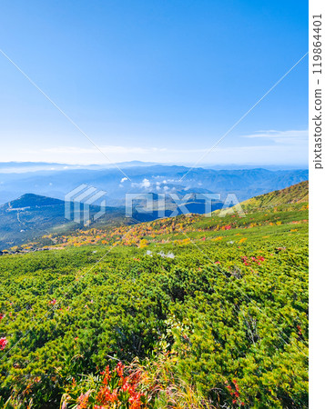 Climbing Mt. Ontake in autumn: View from the hiking trail (from the 8th station stone refuge hut to the summit of Otaki) 119864401