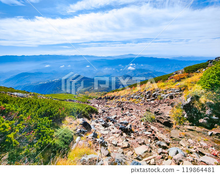 Climbing Mt. Ontake in autumn: View from the hiking trail (from the 8th station stone refuge hut to the summit of Otaki) 119864481