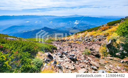 Climbing Mt. Ontake in autumn: View from the hiking trail (from the 8th station stone refuge hut to the summit of Otaki) 119864482