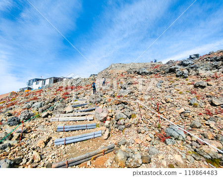 Climbing Mt. Ontake in autumn: From the 8th Station Stone Refuge Hut to the summit of Otaki 119864483