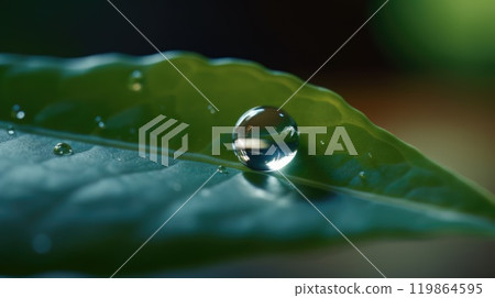 Close up view of raindrops on green leaf. Generative AI 119864595
