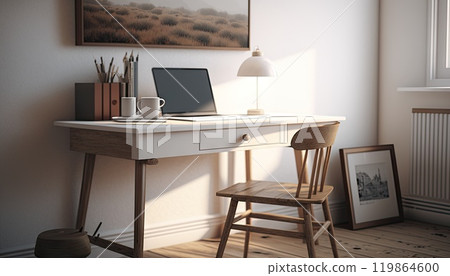 Scandinavian study room with white table and mockup laptop computer. Generative AI 119864600