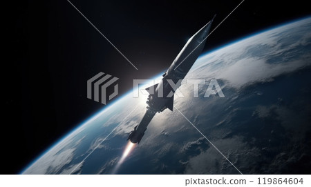 A rocket soars from Earth into space, science concept. Generative AI 119864604