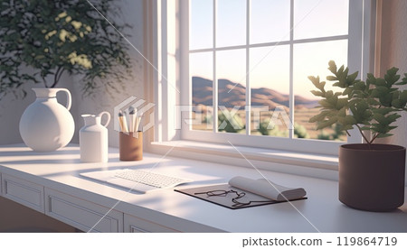Study white table with book and stationeries on the table, garden view outside the window. Generative AI 119864719