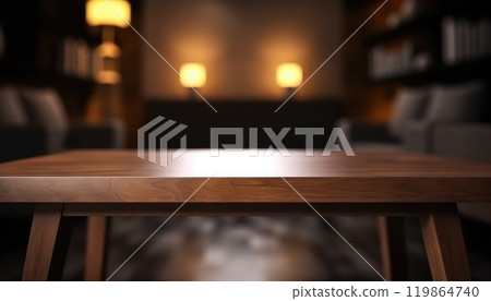 Empty wooden table in dark stylish living room with blurred background. Generative AI 119864740