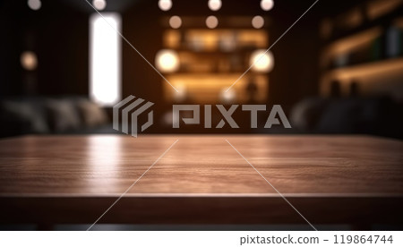Dark wooden empty table for product display with blurrd living room background. Generative AI 119864744