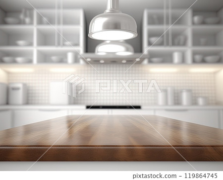 Empty wooden counter top with blurred kitchen background with copy space. Generative AI 119864745