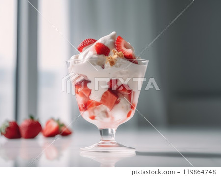 Ice cream sundae with strawberry sauce on white table. Generative AI 119864748