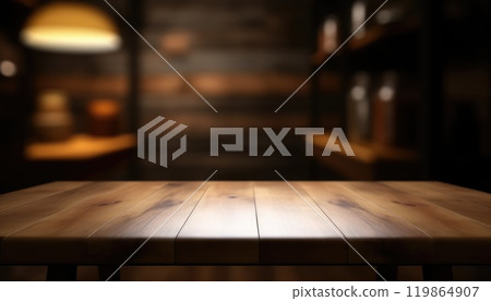 Dark wooden empty table for product display with blurrd living room background. Generative AI 119864907
