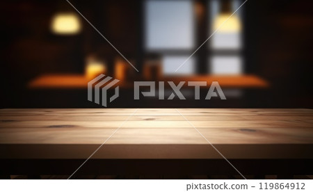 Dark wooden empty table for product display with blurrd living room background. Generative AI 119864912