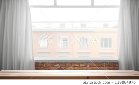 Empty wooden table with brick wall and window background. Generative AI 119864976