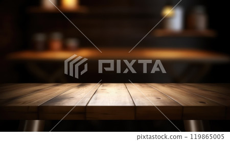 Dark wooden empty table for product display with blurrd living room background. Generative AI 119865005