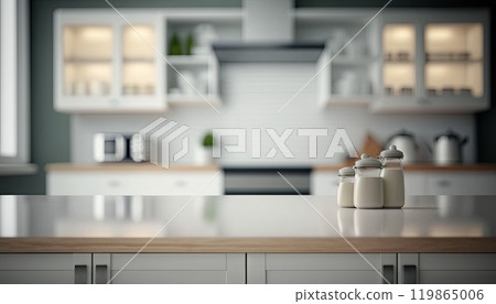 Empty wooden counter top with blurred kitchen background with copy space. Generative AI Empty wooden counter top with blurred kitchen background with copy space. Generative AI 119865006