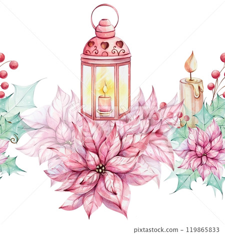 Watercolor seamless border - Christmas red lantern and candle with holly green leaves and red berries, poinsettia flowers. Romantic retro style. Winter festive decor. Hand drawn watercolor Watercolor seamless border - Christmas red lantern and candle with holly green leaves and red berries, poinsettia flowers. Romantic retro style. Winter festive decor. Hand drawn watercolor 119865833