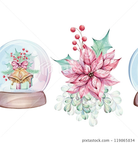 Watercolor seamless border - christmas Snow globe, glass ball shaker with poinsettia flowers. New Year decorative ball with winter landscape. Jingle golden bell with bow, with holly green leaves, red Watercolor seamless border - christmas Snow globe, glass ball shaker with poinsettia flowers. New Year decorative ball with winter landscape. Jingle golden bell with bow, with holly green leaves, red 119865834