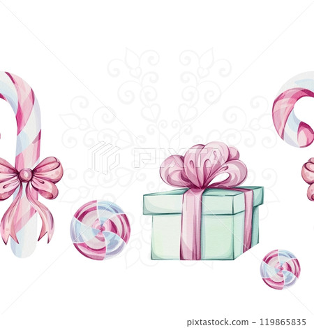 Watercolor seamless border - candy cane, Christmas sweet peppermint cinnamon lollipop pink white, gift with red bow, green box for celebration. Romantic retro style. Winter festive decor. Hand drawn 119865835