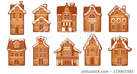 Handmade gingerbread houses with icing flat vector objects Handmade gingerbread houses with icing flat vector objects 119865985