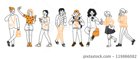 Group of young people using smartphones line vector icons Group of young people using smartphones line vector icons 119866082