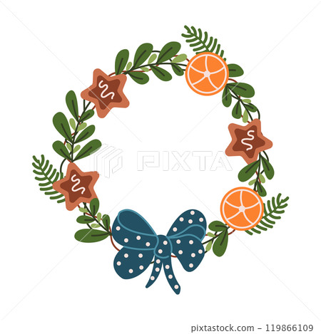 Christmas wreath with bow and orange slices flat vector object 119866109